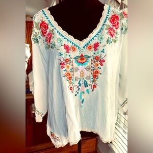 Johnny Was White Embellished 3/4 Sleeve Blouse